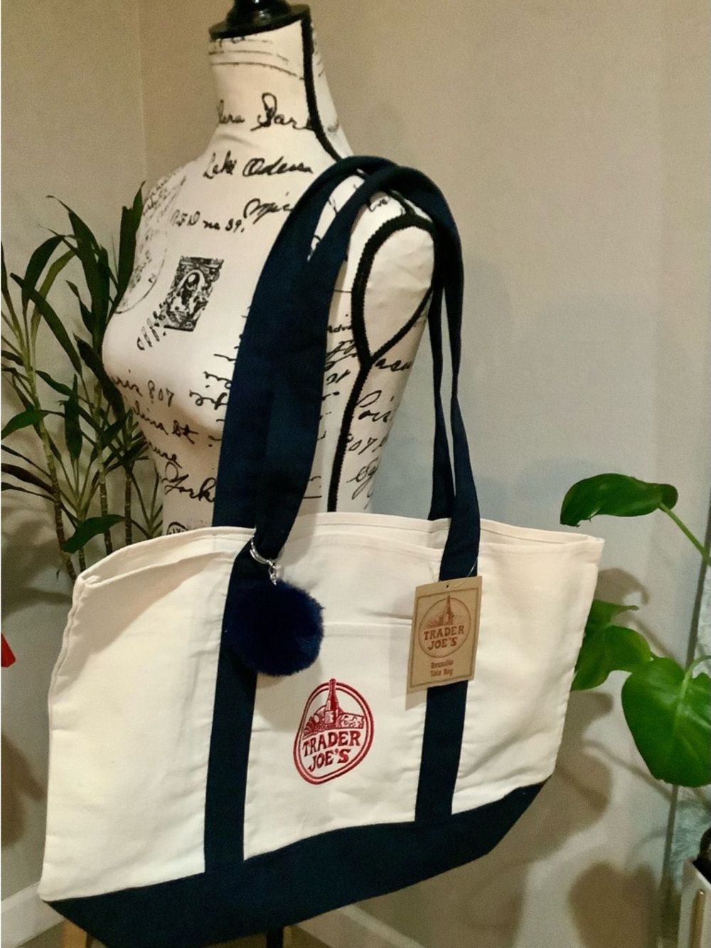 Trader Joe's Cream & Navy Canvas Tote with Pom Accent